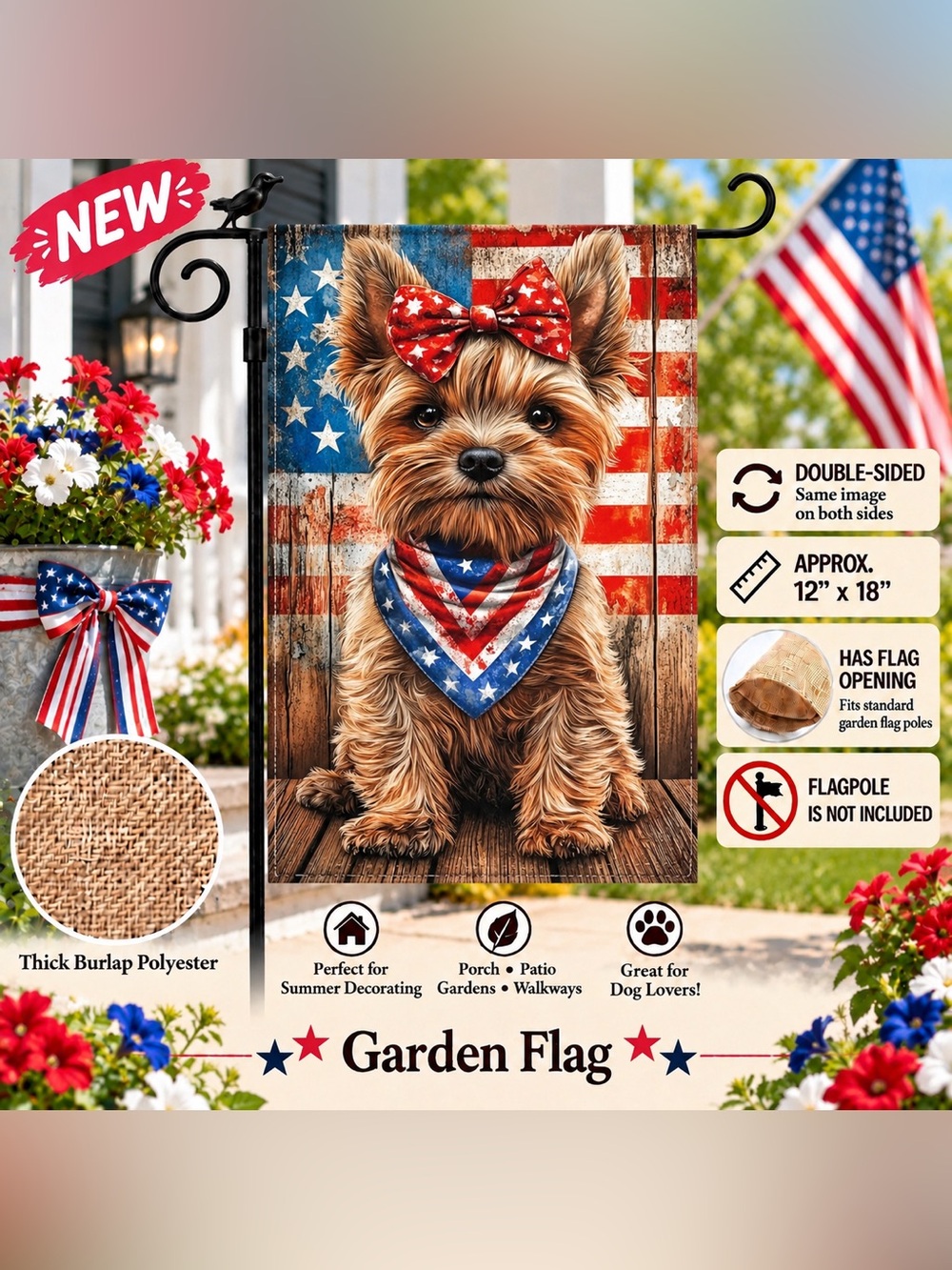 Garden Flag, patriotic Yorkie dog, burlap polyester, double-sided, 12”x18”